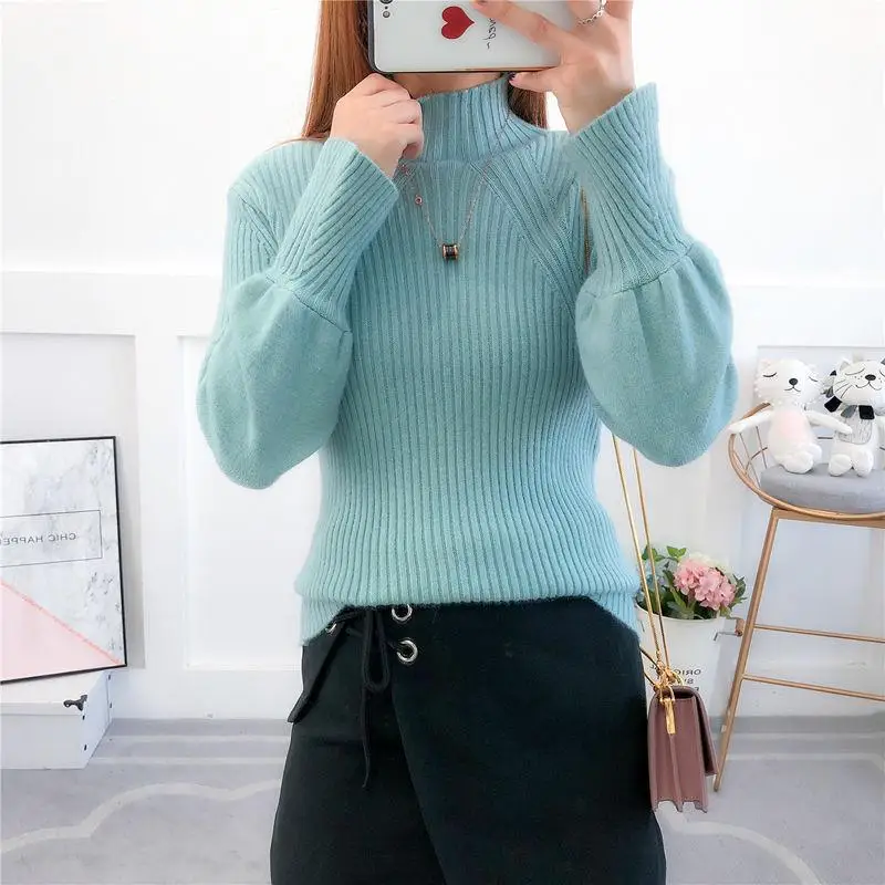 Lantern Sleeve Plus Size Sweater Women Medium and Long Section High Collar Winter Knitting Sweaters Pullovers | Женская одежда