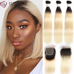 Ombre Blonde Straight Hair Bundles With Closure 4x4 Brazilian Remy Human Hair Bundles With Lace Closure Color 1b/613 EUPHORIA
