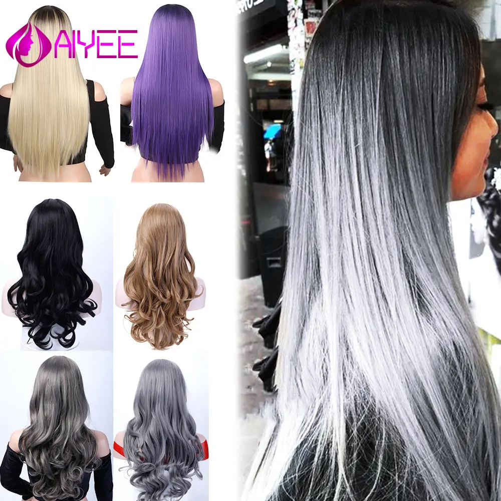 

AIYEE 26''22' Resistant Cosplay Black Purple Green Colors Wave Blonde Wig ' Long Straight Middle Part Heat Ombre Synthetic Wig