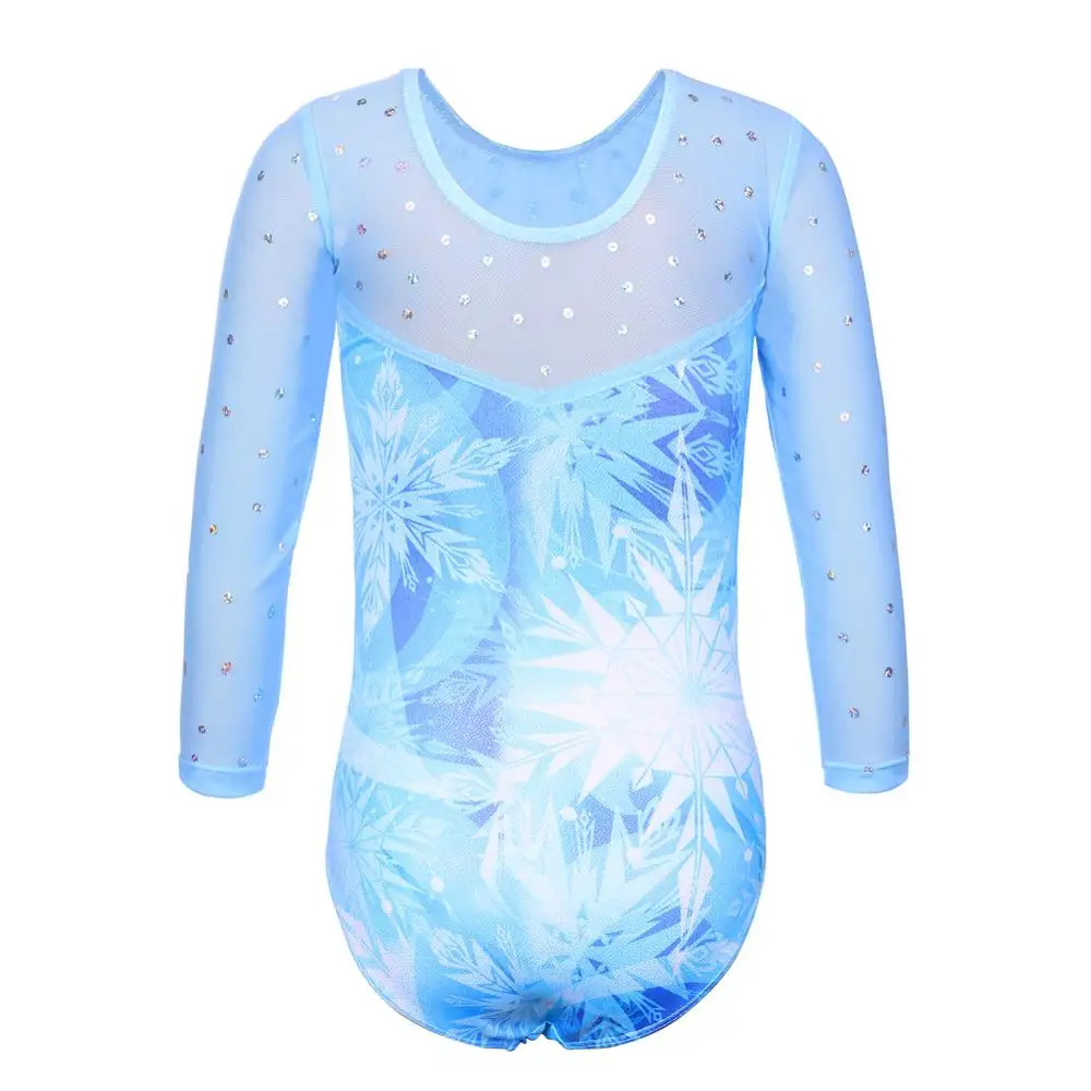Girls Long Sleeve Gymnastics Leotard BAOHULU Sparkle Blue Snowflake Sequins Ballet Leotard Kids Athletics Costume Bodysuit children dance leotards