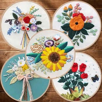 

Flowers DIY Ribbon Flowers Embroidery Set with hoop for Beginner Needlework Kits Cross Stitch Series Arts Crafts Sewing Decor