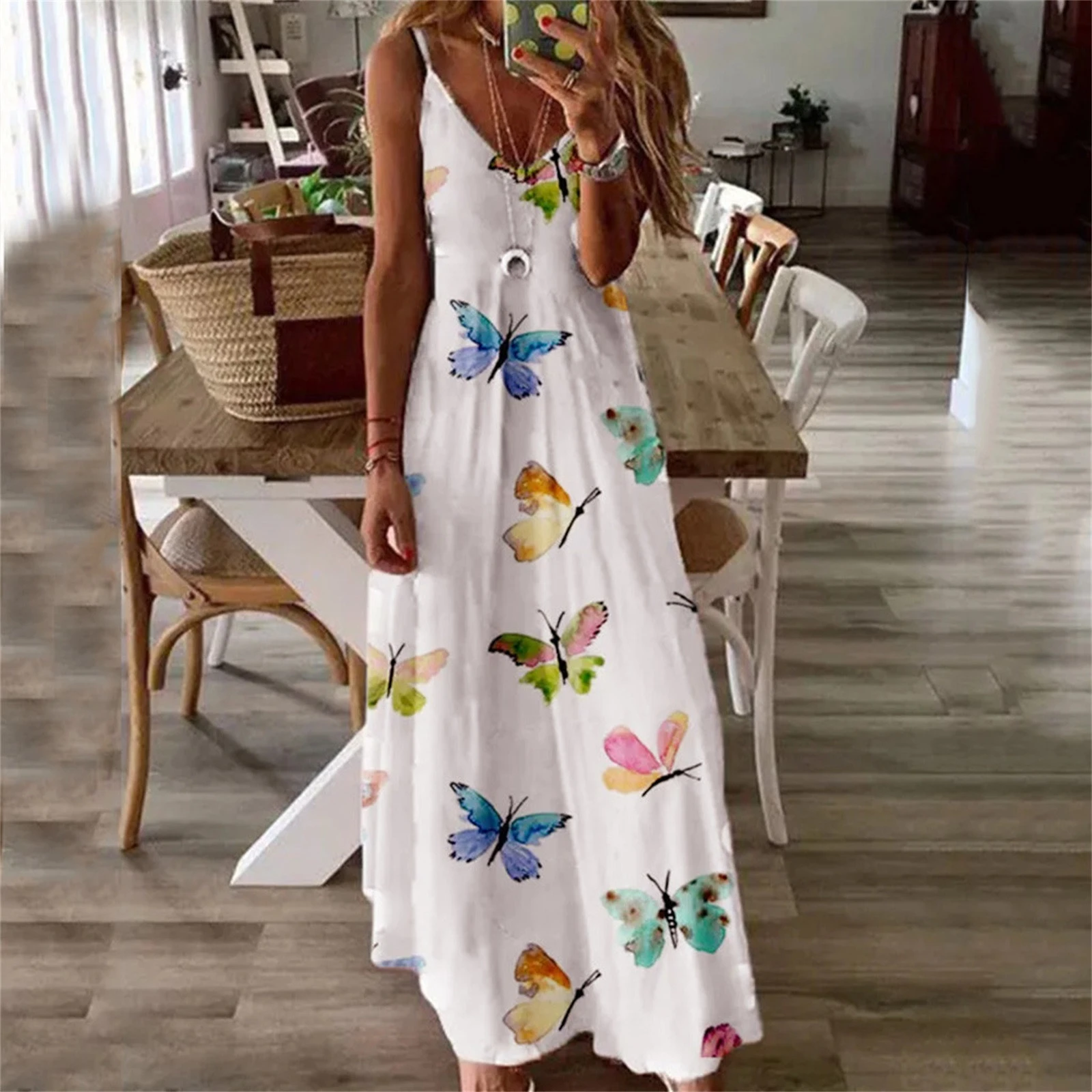 Verano de las mujeres vestidos de estilo Casual Vestido largo con cuello en V suelto estampado de mariposa Retro Spaghetti Correa playa elegante Jurk|Vestidos| - AliExpress