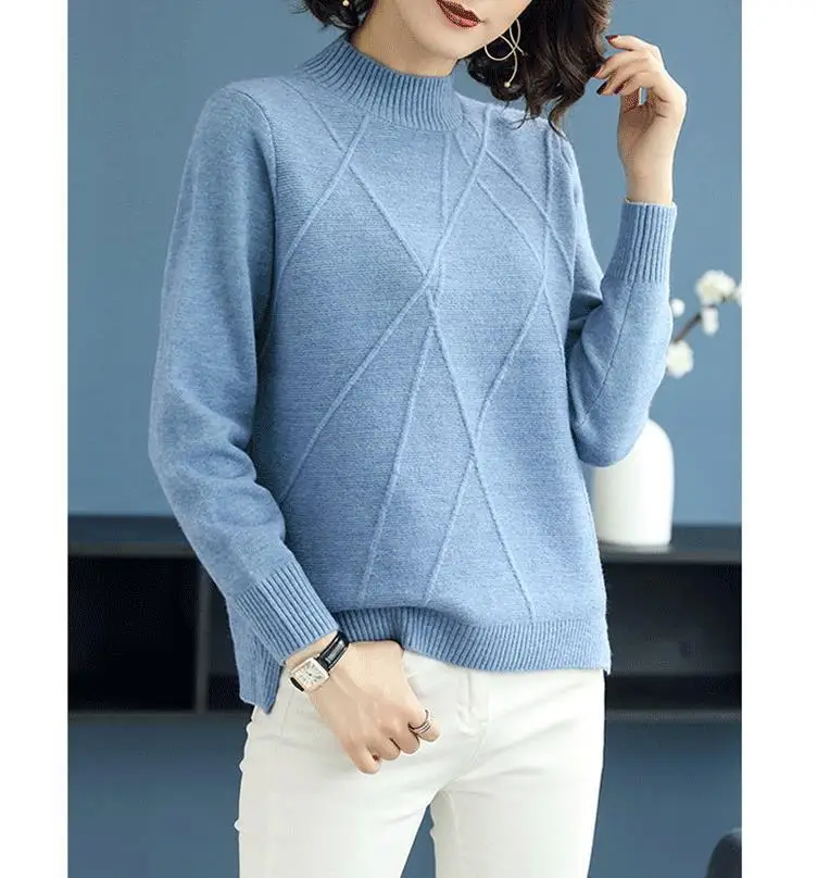 2019 Spring Autumn New Half-Neck Sweater Women'S Split Short Loose Blue Wild Bottoming Sweater Turtleneck Sweater Office Lady 2019 Spring Autumn New Half-Neck Sweater Women'S Split Short Loose Blue Wild Bottoming Sweater Turtleneck Sweater Office Lady