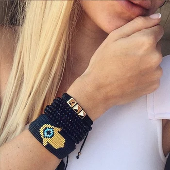 

Rttooas Evil Eye Bracelet Women Fashion Fatima Hamsa Hand Cuff Bracelets Pulseira Mujer 2020 Handmade Woven Rivet Jewelry