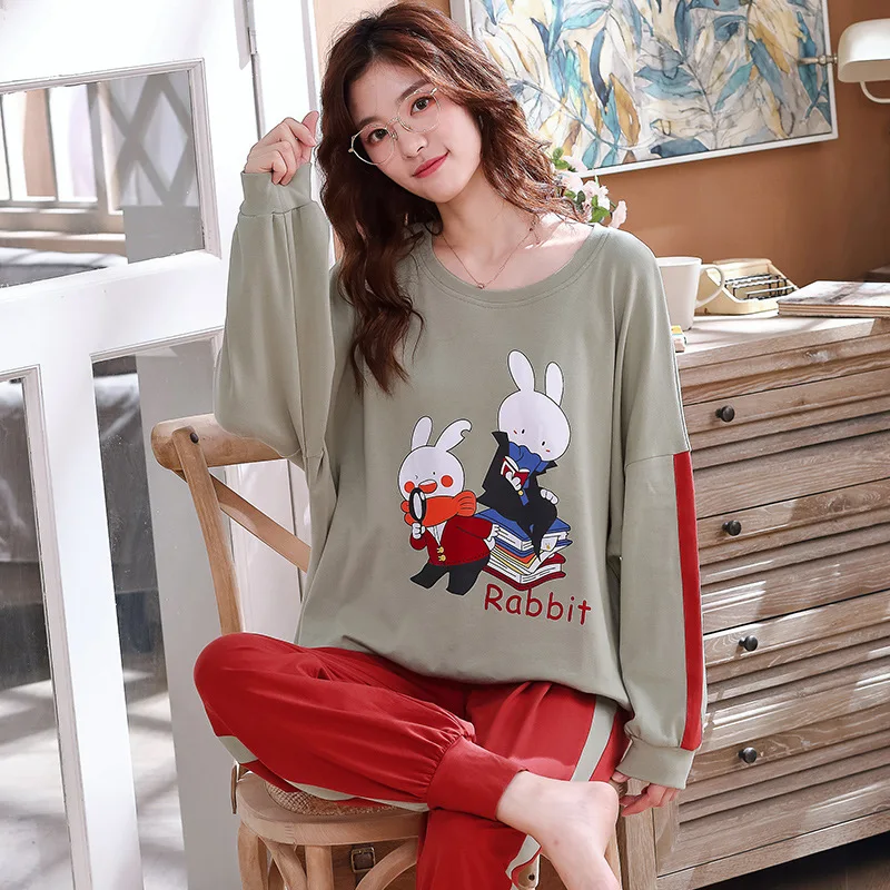 

Japanese And South Korean Style WOMEN'S Pajamas 2020 Spring And Autumn New Products Cute Cartoon Rabbit Casual Loose Tracksuit T