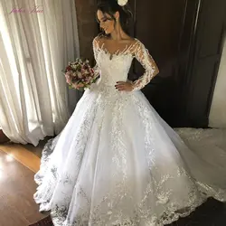 Юлия Куй великолепные с глубоким круглым декольте из ТРАПЕЦИЕВИДНОЕ свадебное платье с длинным шлейфом длинный рукав