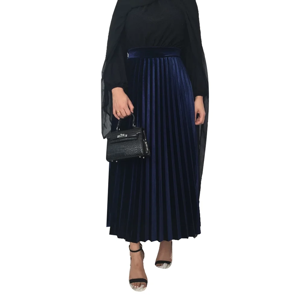 dark blue skirt Faldas Mujer Moda, длинная бархатная плиссированная юбка с высокой талией, женские облегающие макси юбки, женские плисованные юбки - Цвет: dark blue skirt