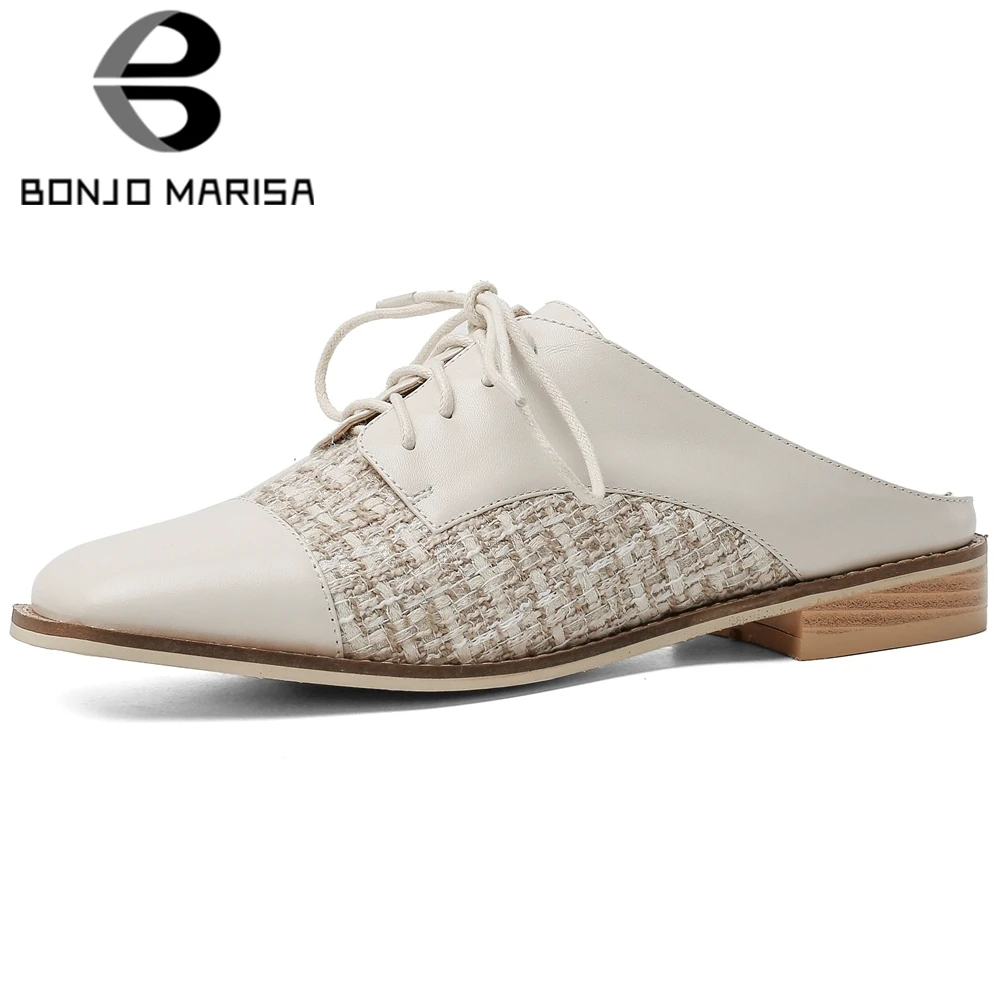

BONJOMARISA Genuine Leather Female Sandals Round Toe Lace Up Slip On Mules Women Patchwork Leisure Shoes Woman