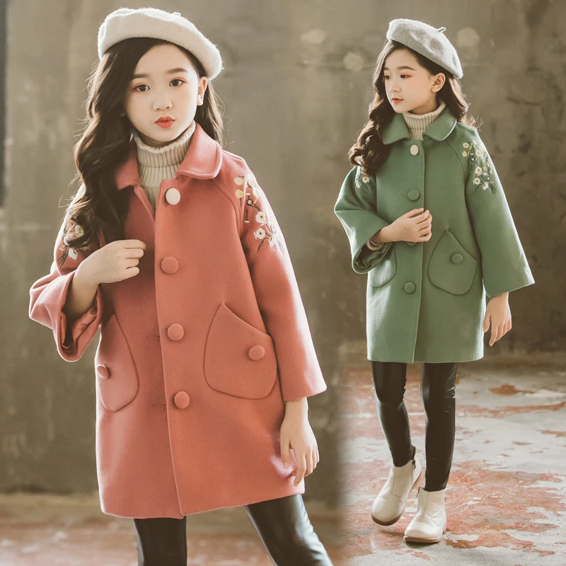 Girls Fall Winter Cotton-Padded Woolen Coat New Kids Leisure Woollen Overcoat Children's Embroidered Windbreaker Outerwear P161 | Мать и