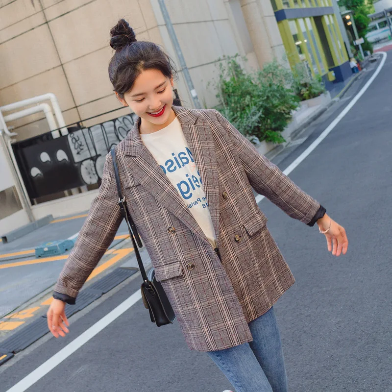 

Photo Shoot Early Autumn British Style CHIC Loose Retro Coffee Casual Plaid Small Suit Double Breasted Ol Coat Women's