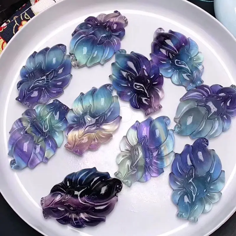 Natural Fluorite Crystal Colorful nine tailed fox quartz pendant hand carved gemstones for gift | Дом и сад
