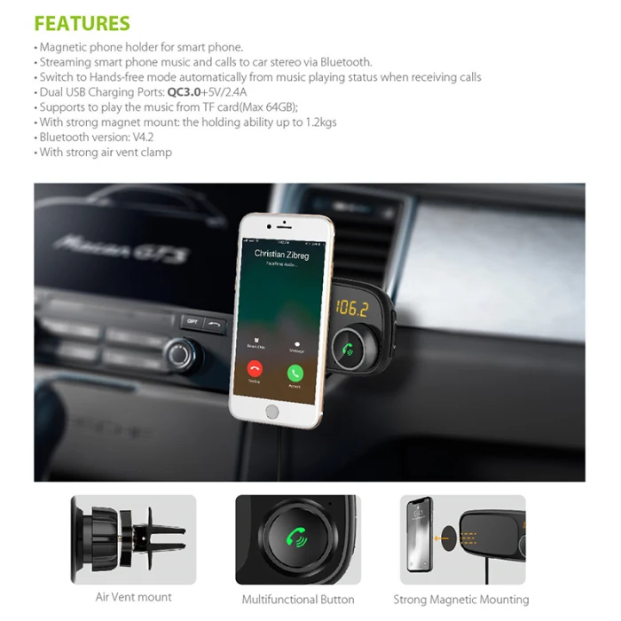 Автомобильный Bluetooth fm-передатчик с магнитным держателем для телефона QC 3,0 зарядка MP3 музыкальный плеер PR