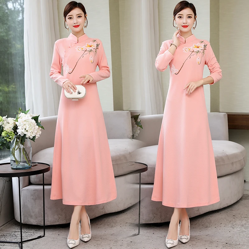 Китайское платье женское длинное платье cheongsam с длинным рукавом Женский Повседневный улучшенного качества qipao цветочный принт Восточный chipao