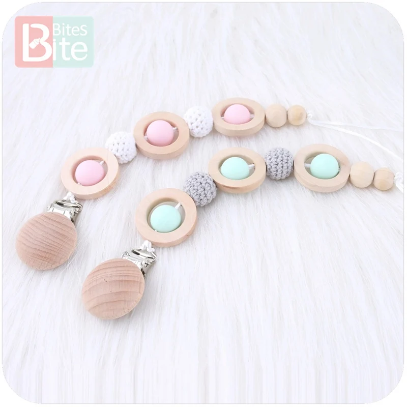 

bite bites 1PC Baby Pacifier Clip Dummy Clip Wooden Silicone Beads Chain Non-toxic Infant Soother Nipple Strap Baby Teether Toys
