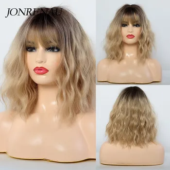 

JONRENAU Synthetic Wigs Dark Root Ombre Blonde Color Middle Length Water Wave Hair Wigs with Bangs for White Black Women