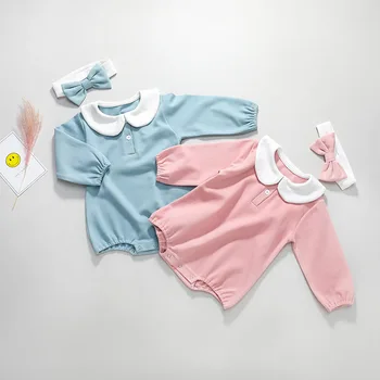 

2020 Spring New Toddler Infant Baby Girl Cotton Bodysuits Long Sleeve Jumpsuits + Bow Headband Playsuit Sunsuit Clothes