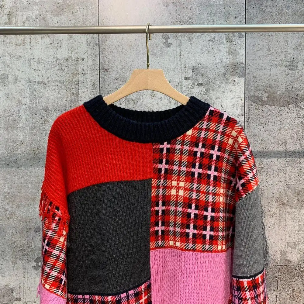 2019FW осеннее Новое Женское клетчатое шерстяное платье в стиле пэчворк женское высококачественное платье с кисточками и длинными рукавами rmsx 9,11