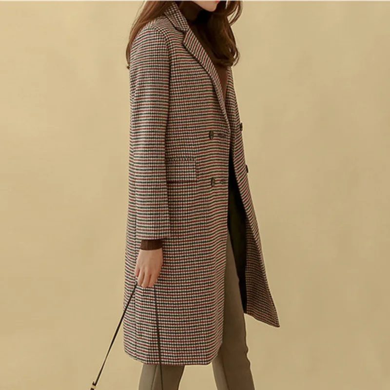 Осенне-зимнее пальто винтажное клетчатое женское двубортное шерстяное пальто с длинным рукавом корейская модная верхняя одежда Manteau Femme