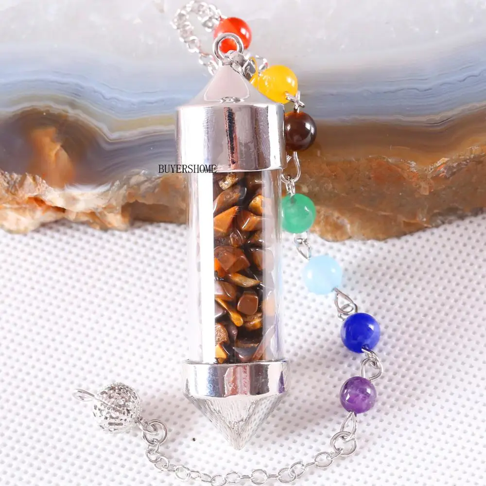 Divination Amulet 7 Chakra Wishing Bottle Pendulum Reiki Natural Stone Chip Tiger's Eye Pendant Necklace for Women Men K615 | Украшения