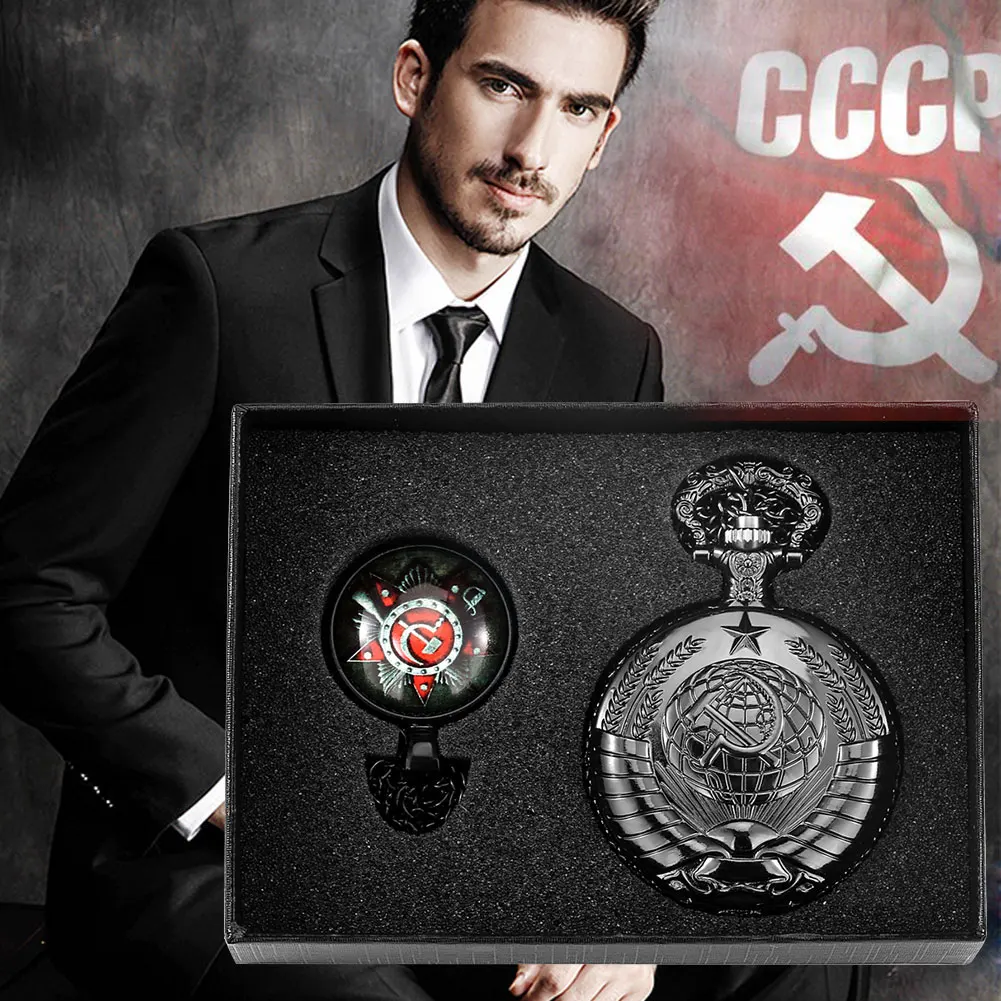 Steampunk Pocket Watch Men's Vintage Black CCCP Quartz Pocket Watch Exquisite Soviet Badge Pendant Chain Necklace Gifts with Box