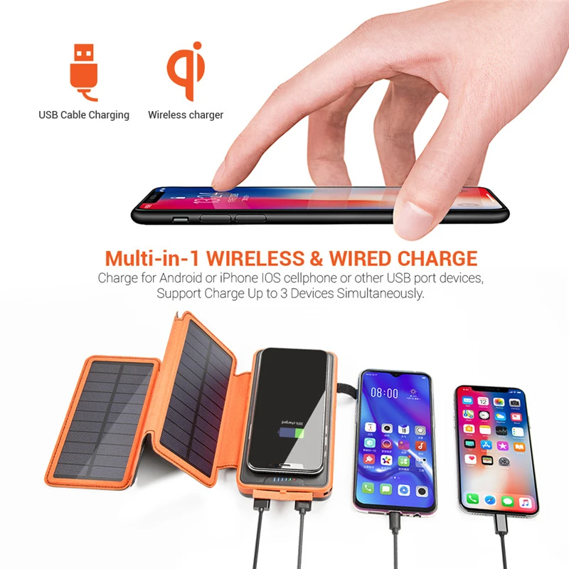 best battery pack 20000mAh Wireless Solar Power Bank with 4 Solar Panel Charger Camping Light Fast Charging Powerbank for iPhone 12 Xiaomi Samsung power bank battery