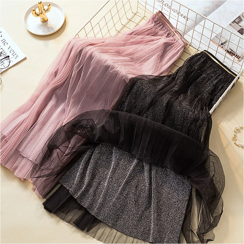 

2019 Spring Summer Glitter Tulle Skirt Women Pleated Shiny Tutu Skirt A-line Mesh Midi Skirt Female Long Elegant Solid Skirt
