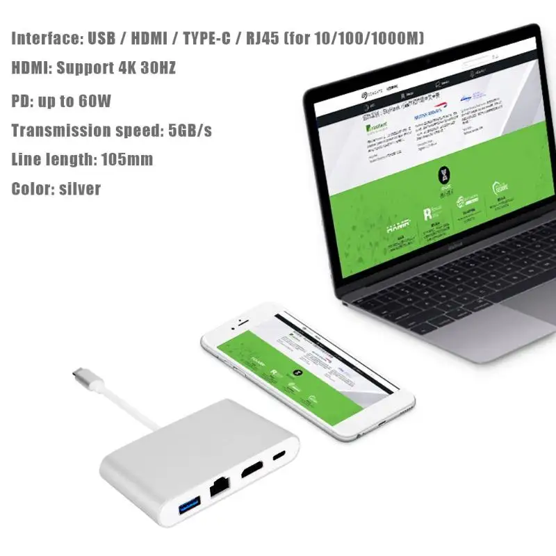 4 порта usb type C концентратор Gigabit Ethernet USB-C к HDMI RJ45 type-C адаптер 4 в 1 корпус из алюминиевого сплава компьютерный ПК сплиттер