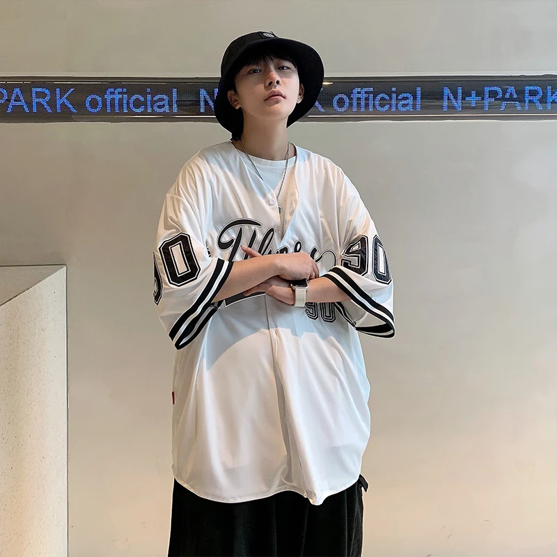 Men Short Sleeve Shirts Vintage Fashion Streetwear Hip-hop V-neck Summer Ins Baseball Outwear Chic Korean Style Harajuku Leisure casual short sleeved shirt short sleeved shirt