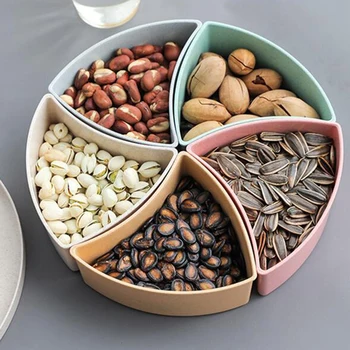 

Wheat Straw Round Divided 5 Compartment Candy Snack Organizer Storage Serving Container Dish Platter with Lid Large