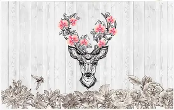 

3d silk wallpaper custom photo Beautiful deer head flowers wooden board decor living room 3d wall mural wall paper for walls 3 d