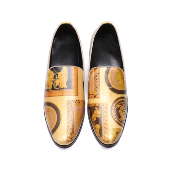 

Men flowers prints Slip-On casual shoes Genuine Leather falts yellow Party Wedding Dress Shoes size 38-46