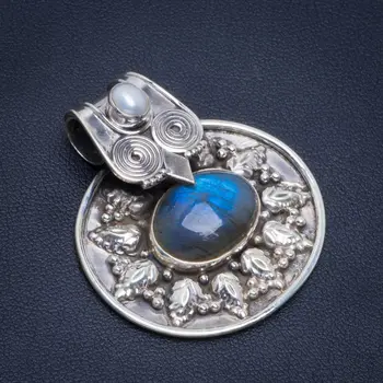 

Natural Blue Fire Labradorite and River Pearl Handmade Unique 925 Sterling Silver Pendant 1.5" B3357