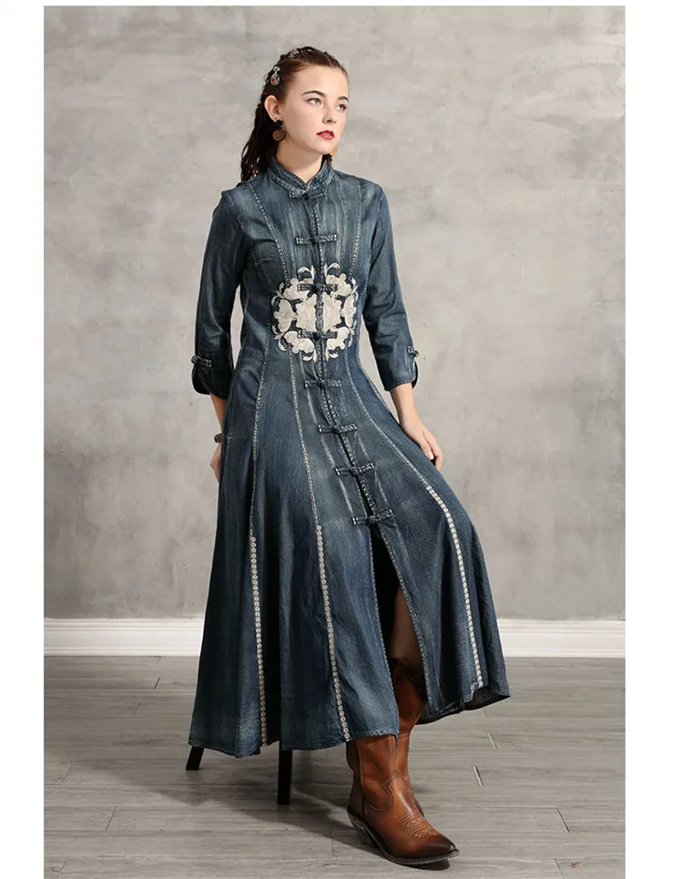 Длинное джинсовое платье на осень и зиму, женское винтажное платье с вышивкой в китайском стиле, в виде лягушки, с узлом и стоячим воротником