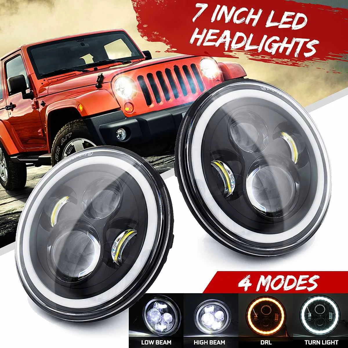 

1 Pair 10-32V 4200LM 7" Round LED Headlight Hi/Low Beam DRL Halo Angle Eye Fit For Jeep for Wrangler