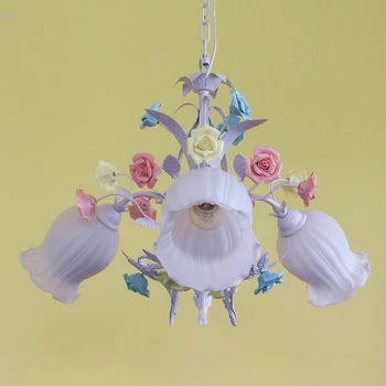 

European Warm Pastoral Style Dining Room Three Bedroom Iron Pink Ceramic Flower Rose Korean Pendant Light Bed hanglamp