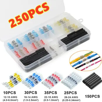 

250Pcs Tin Ring Crimp Terminals Mix Solder Sleeve Heat Shrink Butt Waterproof Wire Splice Connectors Kit