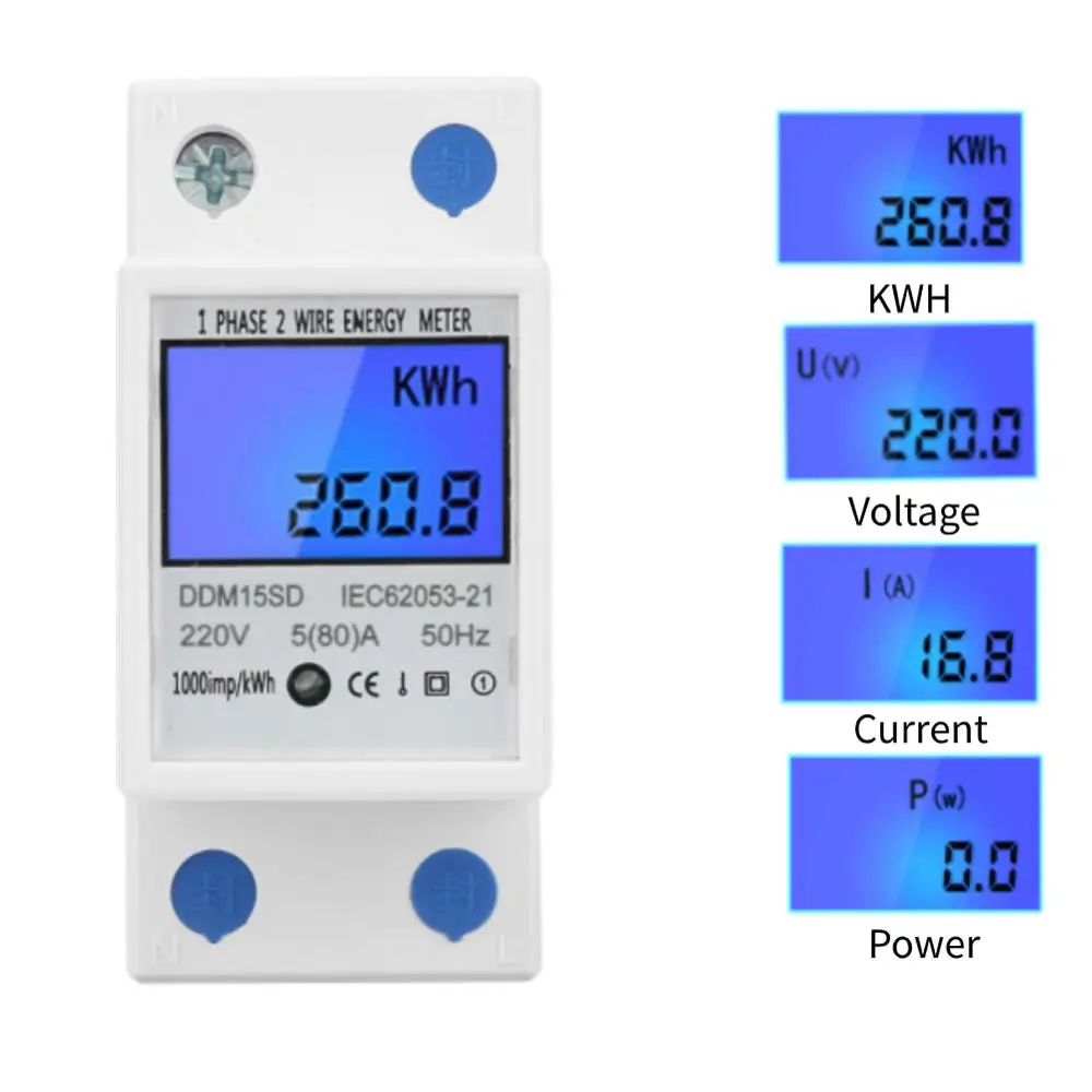 DDM15SD электронный измеритель мощности 5 80A LCD подсветка цифровой din рейка счетчик