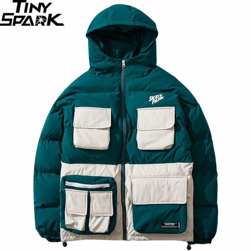 

2019 Winter Streetwear Hip Hop Jacket Parka Padded Men Harajuku Color Block Trench Coat Hooded Windbreaker Oversize Outwear New