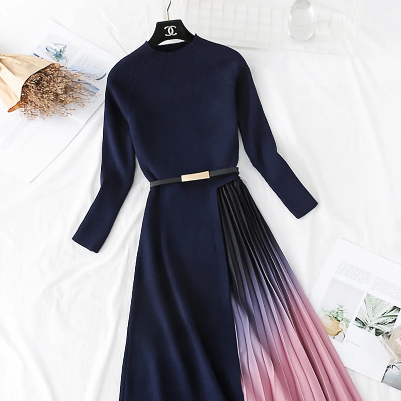 Autumn Winter Elegant Knitted Patchwork Gradient Pink Pleated Dress Women Long Sleeve Office One-Piece Sweater Dress With Belt