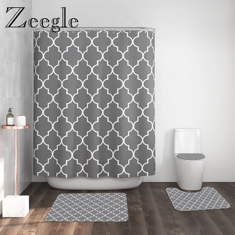 Simple Style Lantern Pattern Bath Mat Waterproof Shower Curtain Set Non-Slip Toilet Carpet Shower Mat Bathroom Set