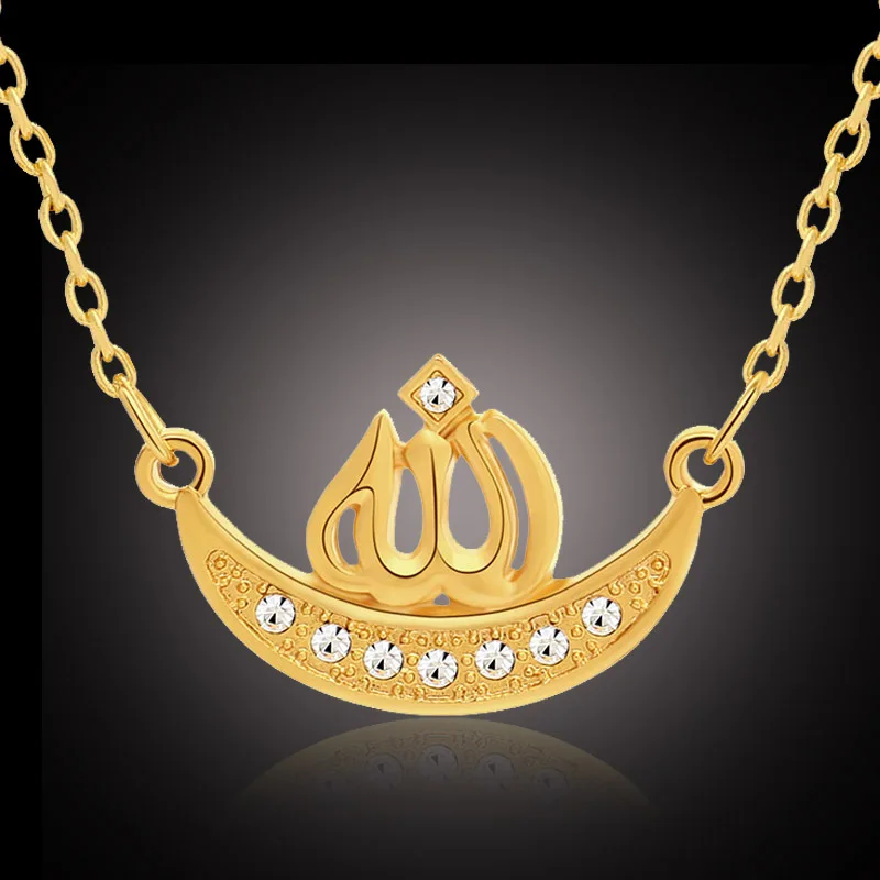 Muslim Islam Totem Allah Necklace Charm Moon Pendant Arabic Fashion Jewelry cz Stone Gold Plating Accessories Chain Necklaces | Украшения и