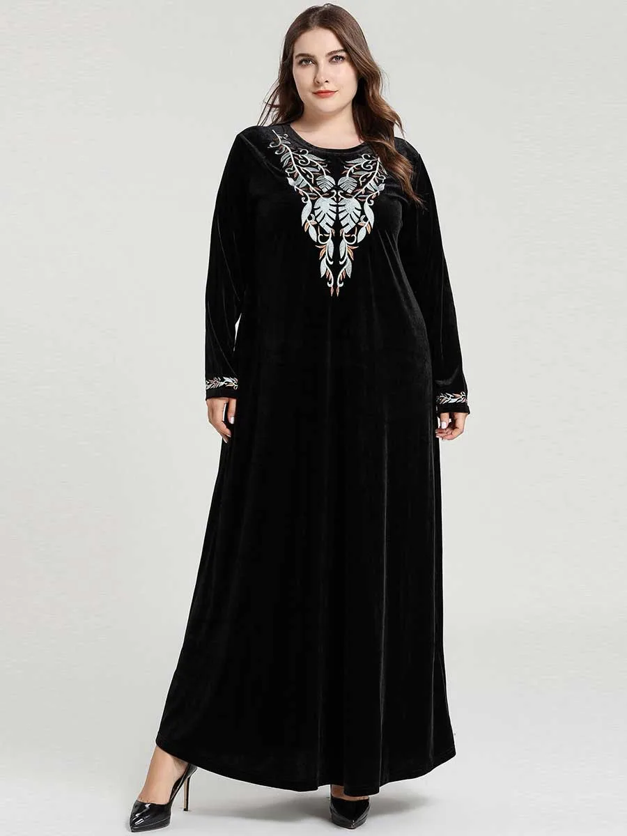 Однотонная бархатная мусульманская абайя с длинным рукавом размера плюс, Осень-зима, контрастные цвета, Цветочная вышивка, макси длинные платья, повседневные платья