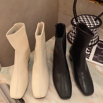 

2020 Elegant Women Beige Thick High Heels Ankle Boots Designer Soft Leather Zippers Sock Boots Vintage Lady Low Heel Boots Shoes
