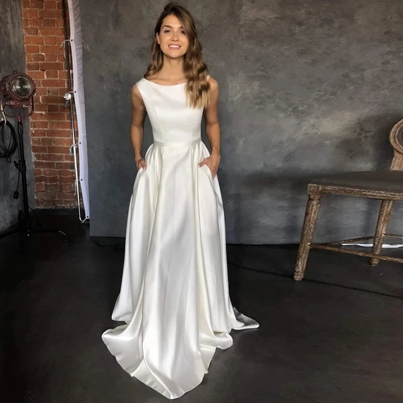 LUXIYIAO LO193 2022 Customize Scoop Simple Wedding Dress Elegant A Line Floor Length Satin Bridal Gown vestido de novia traditional wedding dresses