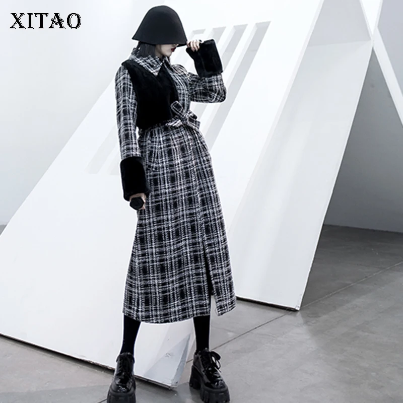 XITAO лоскутное клетчатое винтажное Женское пальто с поясом весеннее модное Свободное пальто с отложным воротником и длинным рукавом GCC3063