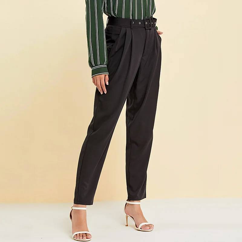 

Elegant High Waist Zipper Front Button Belted Detail Solid Pants Women Loose Pleated Pocket Causal Work Spring Summer Pants