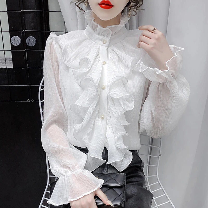 Long Ruffles Sleeve Stand Collar Lolita Patchwork Shirt Femme Blusas Victorian Vintage Palace Women Blouse Chic Princess Tops new girl s mary janes ruffles chunky princess kids leather shoes 24 35 sweet hook loop cover toe stylish children shoes lolita