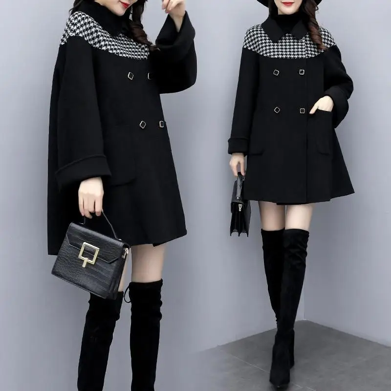 

Women Houndstooth Patchwork Woolen Jacket Winter Warm Coat Black Loose Autumn Overcoat Outwear Female Fashion Casual Cape Coats