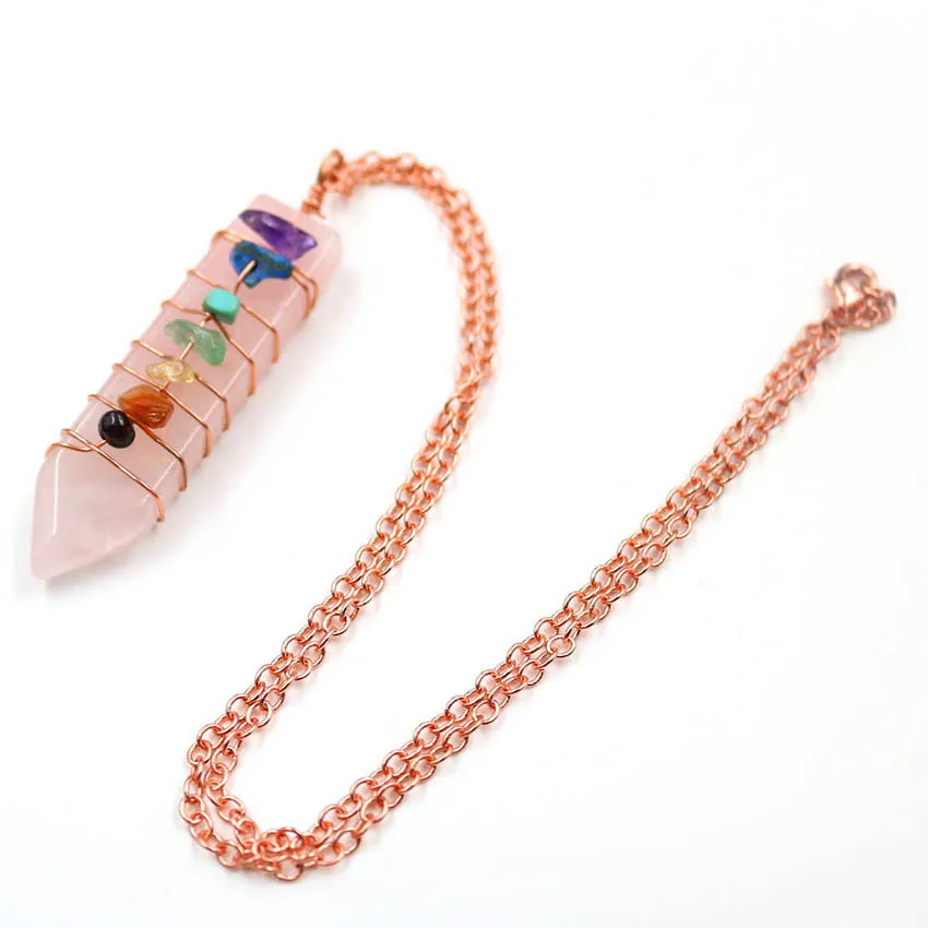 

FYJS Unique Female Jewelry Rose Gold Color Wire Wrap Sword Shape Pendant Natural Rose Pink Quartz Necklace