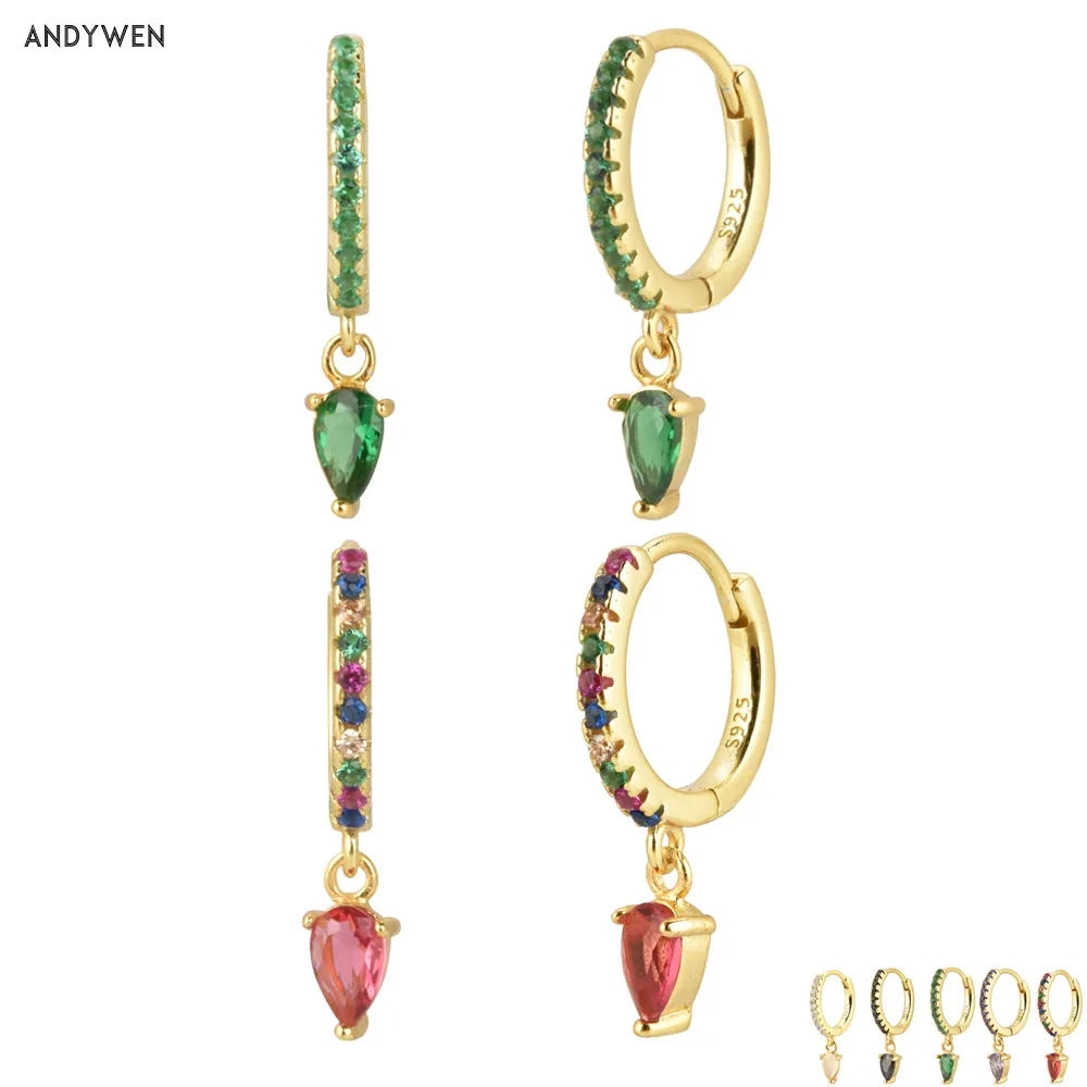 Andywen 100% 925 Sterling Silver Ovals Water Drop Earring Green Zircon CZ Circle Round Loops Crystal Women Piercing Ohrringe